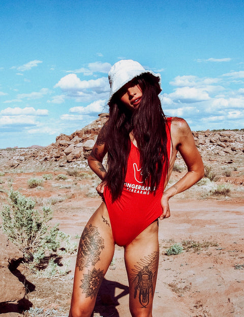 Fingerbang Firearms bonerwatch red one piece swimsuit